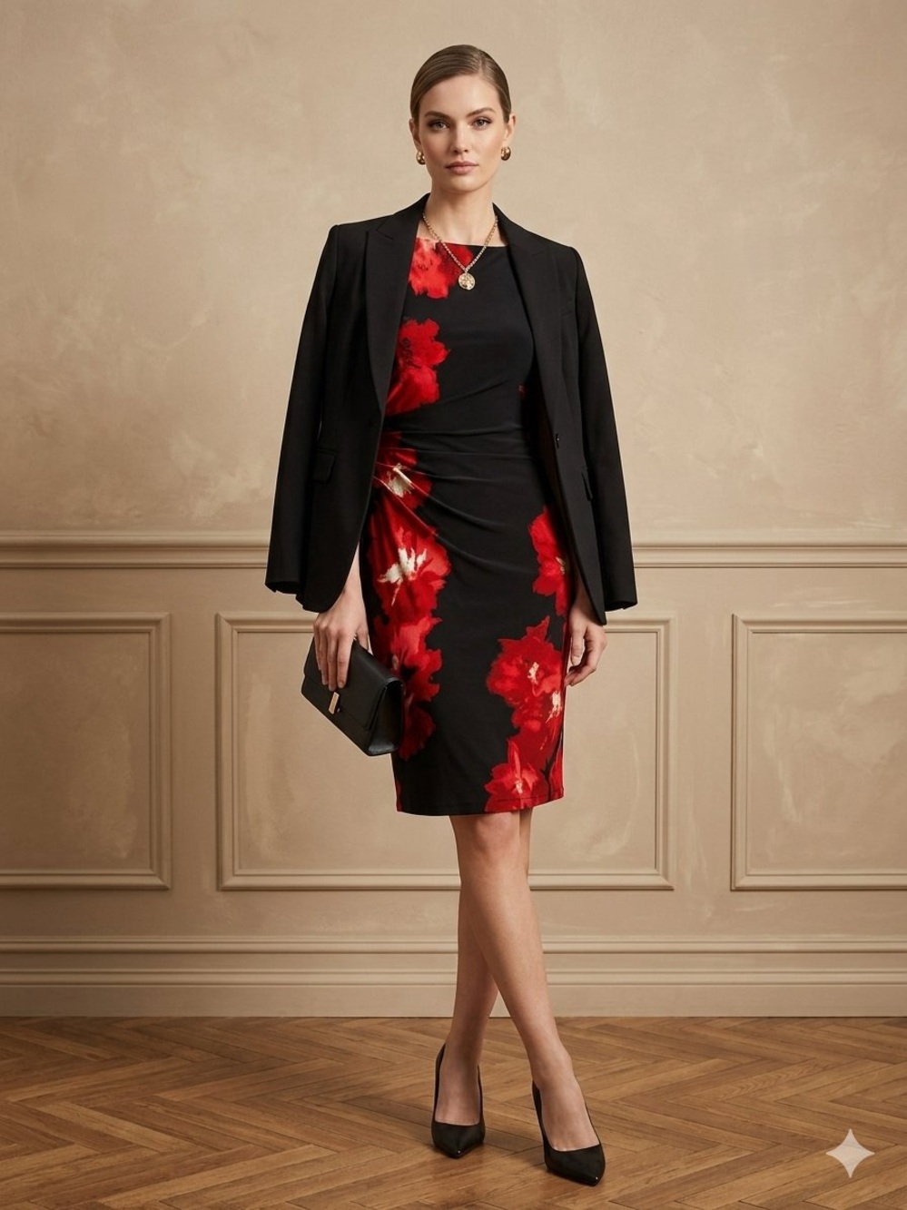 Nwt Lauren Ralph Lauren Black Dress with Red Flowers Size 4